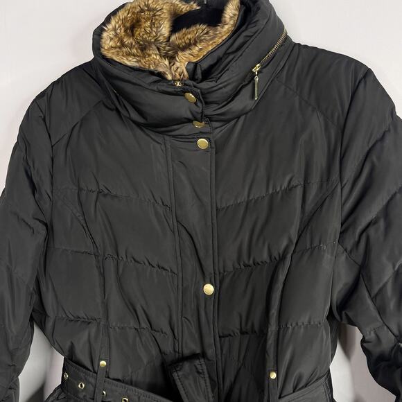 Cole Haan Womens XLarge XL Black Faux Fur Trim Down Puffer Jacket Quilted Belt - Picture 3 of 11